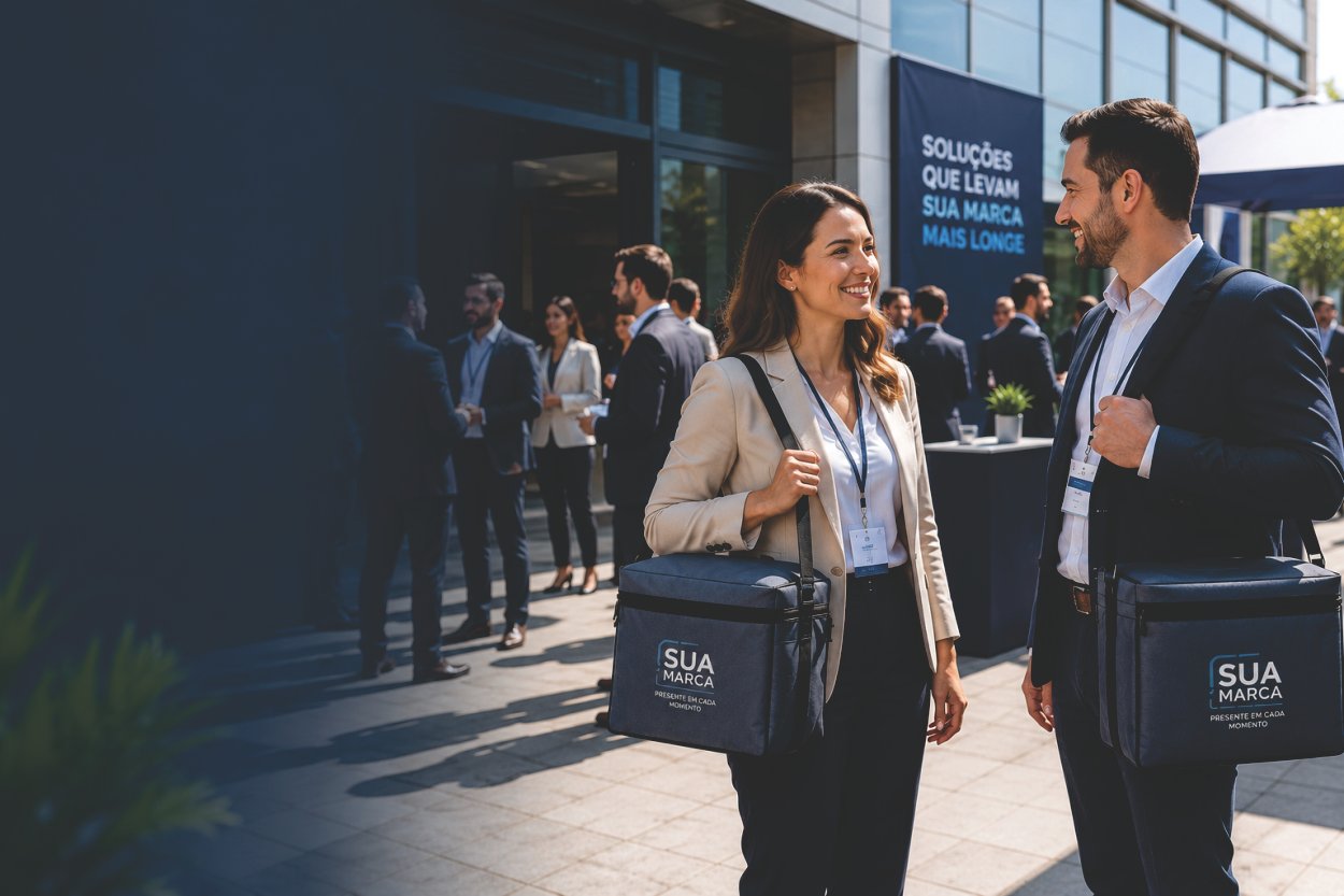 Bolsa térmica personalizada para empresas em evento corporativo